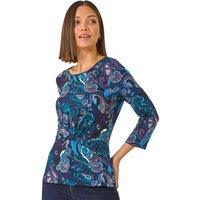 Roman Women's Paisley Print Twist Front Top in Blue | Size: 20