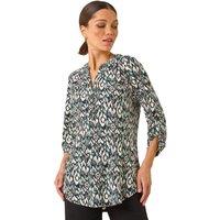 Roman Women's Aztec Print V-Neck Stretch Blouse in Teal | Size: 18
