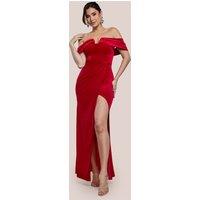 Goddiva Women's Off The Shoulder Front Split Velvet Maxi Dress in Red | Size: 16