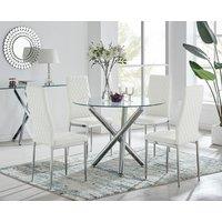 FurnitureboxUK Selina Chrome Round Glass Dining Table & 4 Milan Dining Chairs in Off-White | Size: 4 Person
