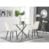 FurnitureboxUK Selina Round Glass Chrome Leg Dining Table & Pesaro Black Leg Chairs in Cream | Size: 4 Person