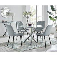 FurnitureboxUK Selina Round Glass Chrome Leg Dining Table & Pesaro Black Leg Chairs in Grey | Size: 4 Person