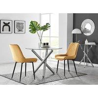 FurnitureboxUK Selina Round Glass Chrome Leg Dining Table & Pesaro Black Leg Chairs in Mustard | Size: 2 Person