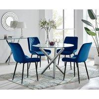 FurnitureboxUK Selina Round Glass Chrome Leg Dining Table & Pesaro Black Leg Chairs in Navy | Size: 4 Person