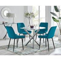 FurnitureboxUK Selina Round Glass Chrome Leg Dining Table & Pesaro Black Leg Chairs in Blue | Size: 4 Person