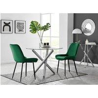 FurnitureboxUK Selina Round Glass Chrome Leg Dining Table & Pesaro Black Leg Chairs in Green | Size: 4 Person