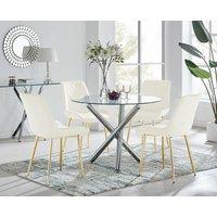 FurnitureboxUK Selina Round Glass Chrome Leg Dining Table & Pesaro Gold Leg Chairs in Cream | Size: 2 Person