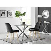 FurnitureboxUK Selina Round Glass Chrome Leg Dining Table & Pesaro Gold Leg Chairs in Black | Size: 2 Person