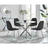 FurnitureboxUK Selina Round Glass Chrome Leg Dining Table & Corona Silver Leg Chairs in Black | Size: 4 Person