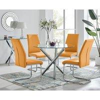 FurnitureboxUK Selina Round Glass & Chrome Metal Dining Table & Lorenzo Chairs Set in Mustard | Size: 4 Person
