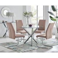 FurnitureboxUK Selina Round Glass & Chrome Metal Dining Table & Lorenzo Chairs Set in Beige | Size: 4 Person