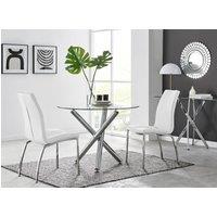 FurnitureboxUK Selina Round Glass Chrome Leg Dining Table & Isco Chairs in Off-White | Size: 4 Person