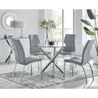 FurnitureboxUK Selina Round Glass Chrome Leg Dining Table & Isco Chairs in Grey | Size: 4 Person
