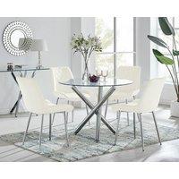 FurnitureboxUK Selina Round Glass Chrome Leg Dining Table & Pesaro Silver Leg Chairs in Cream | Size: 4 Person