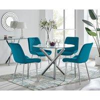 FurnitureboxUK Selina Round Glass Chrome Leg Dining Table & Pesaro Silver Leg Chairs in Blue | Size: 4 Person