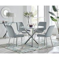 FurnitureboxUK Selina Round Glass Chrome Leg Dining Table & Pesaro Silver Leg Chairs in Grey | Size: 4 Person
