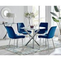 FurnitureboxUK Selina Round Glass Chrome Leg Dining Table & Pesaro Silver Leg Chairs in Navy | Size: 4 Person