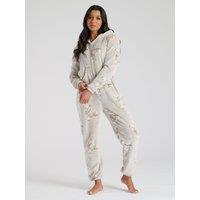 Loungeable Women's Teddy Bear Luxury Fleece All In One in Taupe | Size: Medium