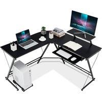 Gymax L-Shaped Corner Desk Pull-Out Workstation With Removable Monitor Shelf in Black