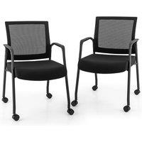 Gymax 2 PCS Office Guest Chairs on Wheels With Mesh Back Metal Frame & Armrests in Black