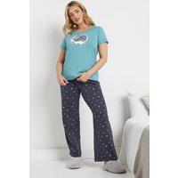 M&Co Women's 'Purrfect' Cotton Wide Leg Pyjama Set in Blue | Size: 10-12