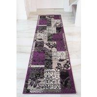Kukoon Runner Rug Purple Black Grey Traditional Patchwork Long Hallway Rugs | Size: 60 cm x 240 cm