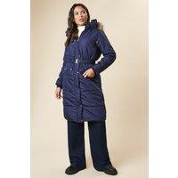 Dorothy Perkins Women's Midi Luxe Padded Belted Coat in Navy | Size: 6