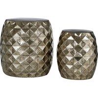 Orsina Vintage Design Set of 2 Hammered Drum Stools, Hammered Finish Outdoor Stools, Aesthetic Lightweight Stools in Silver