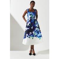 Blue Floral White Tipped Twill Belted Dress