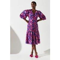 Chiffon Printed Jacquard Gathered Puff Sleeve Dress