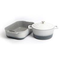 MasterClass 2pc Cast Aluminium Cookware Set with Non-Stick 4L Casserole Dish, Grey Ombre, & a Non-Stick 34cm Roasting Pan