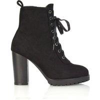 XY London Women's 'Ariel' Lace up High Block Heel Zip-up Biker Ankle Boots in Jet Black | Size: 5