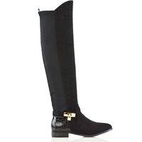 XY London Women's 'Bella' Flat Elasticated Over The Knee Boots With Zip Fastening in Jet Black | Size: 4