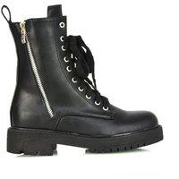 XY London Women's 'Bianca' Flat Combat Lace up Chunky Military Ankle Boots in Black | Size: 4