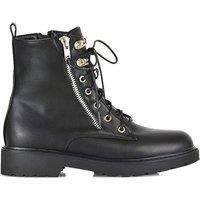 XY London Women's 'Halsey' Flat Chunky Sole Lace up Biker Ankle Boots With Zip in Black | Size: 4
