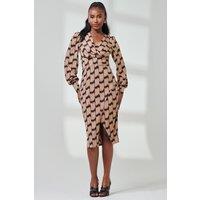 Jolie Moi Women's Print Long Sleeve Jersey Pencil Dress in Stone | Size: 18