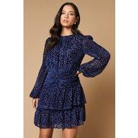 Oasis Women's Velvet Tiered Blouson Sleeve Mini Dress in Navy | Size: 8