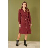 Yumi Women's Burgundy Cord Midi Shirt Dress | Size: 14