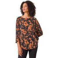 Roman Women's Leaf Print Raglan Sleeve Stretch Top in Tan | Size: 18