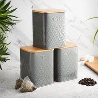 Cooks Professional 3-Piece Square Tea Coffee Sugar Kitchen Storage Bins with Bamboo Lids in Grey
