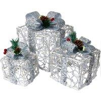 Pegdev Festive Set of 3 Silver LED Xmas Boxes Battery Operated Timer 8 Patterns 60 LEDs