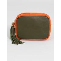 Beau - Italian Leather Crossbody Bag - Khaki/Orange, Pebbled