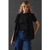 Warehouse Women's Real Suede Fringed Waistcoat in Black | Size: 10