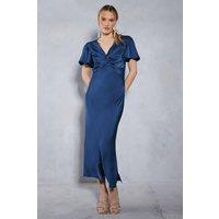 Oasis Women's Satin Twist Front Angel Sleeve Midi Bridesmaid Dress in Navy | Size: 12