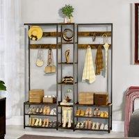 Pirlo Plush Adjustable Industrial Hall Tree Coat Rack Stand With Shoe Storage Shelves in Brown