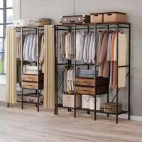 Pirlo Plush Industrial Rustic Open Wardrobe Garment Rail With Storage Shelves & Drawers in Brown