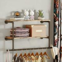 Pirlo Plush Industrial Heavy Duty Pipe Wall-Mounted Floating Shelves With Hanging Rail in Brown