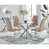 FurnitureboxUK Selina Round Glass Chrome Leg Dining Table & Murano Chairs in Beige | Size: 4 Person