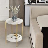 Pirlo Plush 2 Tier Round Faux Marble Side Table With Metal Legs in White