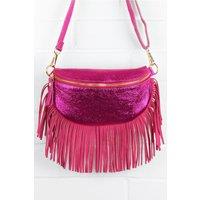 Sarta Women's Italian Leather Half Moon Fringed Crossbody Bag in Raspberry